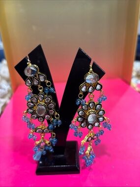 Gold-Tone Floral Kundan Chandelier Earrings with Blue Beads